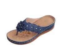 BIKETAFUWY Chanclas para mujer, Sandalias planas, Chanclas abiertas, Desnudo-Pies | Slip-On Poner, Entre-Dedos, Punta Abierta, Flor Decorativa, Remaches, Suela Cuña Baja, Verano Playa Casa, 01 azul