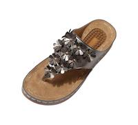 BIKETAFUWY Sandalias Cuñas Mujer, Chanclas Slip-On, Nu-Pies, Zapatos de verano | Poner, Cuero, Flor Decorativa, Entre-Dedos, Suela de Relief, Tacón cuña, Playa, Vacaciones, 01 gris, 36 EU