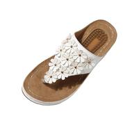 BIKETAFUWY Sandalias Cuñas Mujer, Chanclas Slip-On, Nu-Pies, Zapatos de verano | Poner, Cuero, Flor Decorativa, Entre-Dedos, Suela de Relief, Tacón cuña, Playa, Vacaciones, 01 blanco., 42 EU