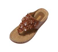 BIKETAFUWY Sandalias Cuñas Mujer, Chanclas Slip-On, Nu-Pies, Zapatos de verano | Poner, Cuero, Flor Decorativa, Entre-Dedos, Suela de Relief, Tacón cuña, Playa, Vacaciones, 01 marrón, 37 EU