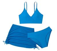 Bikini adolescente niña, bikini adolescente niña conjunto traje de baño monocolor con parte superior triángulo bikini estampado hoja falda verano Hawaii playa traje de baño traje de baño azul cielo