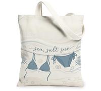 Bikini - Bolsa de lona para mujer, diseño de hoja de palma, color azul, lavable, reutilizable, ideas para compras, viajes, oficina, biblioteca, casual, 33 x 38 cm