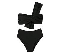 Bikini Braga Alta Mujer Trajes De Baño Mujer 2025 Traje De Baño Dividido Color Sólido Fruncido Cintura Alta con Un Solo Hombro para Bikini Pantalon Parte Abajo (Black L)