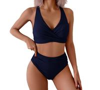 Bikini Brasileño Mujer Bikini Mujer Braga Alta Woman New Split Wrap Hollow out Solid Color Sexy High Waist Two Piece Set Bikinis Deportivos Deportivo (Navy XXL)