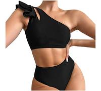 Bikini con Braga Alta Braga Bikini Alta Reductora Traje de Baño de Mujer Un Hombro Color Sólido Traje Baño Una Pieza Negro Parte Arriba Bañador Mujer (Black L)