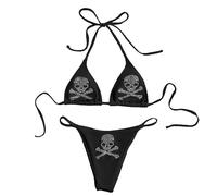 Bikini de 2 piezas para mujer, diseño de calavera, tanga, triángulo, traje de baño, festival, rave, brasier con diamantes de imitación, Set negro, S