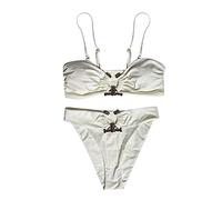 Bikini de mujer sexy liso con accesorios de metal hueco triángulo de cintura alta diadema sujetador acolchado traje de baño para playa traje de baño, beige, S