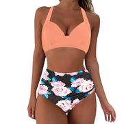 Bikini Mujer Braga Alta Brasileña Bikini Volantes Sexy A La para Mujer Traje de Baño Dividido de Secado Rápido con Estampado Traje Baño Negro Parte Arriba Bikinis (Orange L)