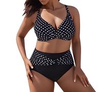 Bikini Mujer Braga Alta Reductor Barriga Talla Grande Traje de Baño 2 Piezas Retro 2025 Bikinis Twist Push Up con Relleno Negro Biquini Ropa Playa Cuello En V con Estampado de Lunares Blancos