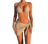 Bikini Mujer Conjunto de Cuello Halter Triángulo Bikini Top Tanga de Baño con Ajustable Cordón de Cintura Baja y Pareos de Playa Sólido Traje de Baño Mujer 3 Piezas Sexy Bikinis Brasileños Beachwear