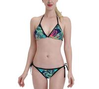 Bikini Mujer Conjunto Dos Piezas Ilustración Digital De Hojas Impresas Bañadores Deportivos Triángulo Sexy Bañadores Cordón