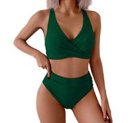 Bikini Mujer Pecho Grande Bikini Mujer Braga Alta Woman New Split Wrap Hollow out Solid Color Sexy High Waist Two Piece Set Bikinis Talla Grande Reductor Pecho (Green XL)