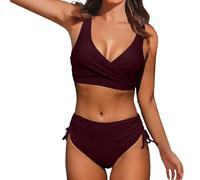 Bikini Mujer Pecho Grande Swimming Costume Women Bikini Calado con Cordones para Mujer Traje de Baño Sexy de Cintura Alta Color Sólido Bañador Embarazada Braga (Wine M)