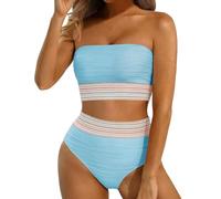 Bikini Mujer Push Up,Conjunto De Bikini Bandeau De Cintura Alta para Mujer, Trajes De BañO De Dos Piezas Sin Tirantes, Trajes De BañO Acanalados De LíNea Larga con Cobertura Total, Trajes De BañO