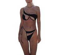 Bikini Mujer Reductores Barriga Triquini de Mujer Traje de Baño Sexy A La Color Sólido con Un Hombro Dividido para Traje Baño Piezas Bikini Parte Arriba Sujetador (Black S)