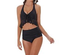 Bikini Mujer Talla Grande Bikini Palabra de Honor Conjunto de Liso Separado con Y Parte Superior con Cinturón para Mujer para Primavera Verano Bañadores Tallas Grandes (Black XXL)