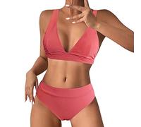 Bikini Natacion Mujer Traje de Baño para Mujer Traje de Baño Piezas para Conjunto Bikini con Estampado Cintura Alta Y Cuello Retro Bikinis Que No Dejan Marca (Watermelon Red XL)