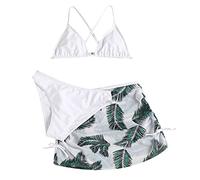 Bikini Niña 3 Piezas Traje de Baño Niñas Bikinis para Adolescente Conjunto Bañador Sujetador Triángulo con Tirantes Cruce, Braga y Falda Mini Fruncido, Ropa de Playa Vacaciones Estampado Tropical