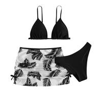 Bikini Niña 3 Piezas Traje de Baño Niñas Bikinis para Adolescente Conjunto Bañador Sujetador Triángulo con Tirantes Cruce, Braga y Falda Mini Fruncido, Ropa de Playa Vacaciones Estampado Tropical