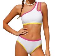 Bikini Niña Bañaador Adolescente Chica Conjunto de Dos Piezas Asimétriico con Borde Contraste y Cintura Alta Traje De Verano Bikini de Playa y Piscina 7-16 Años (b-White, 15-16 Years)