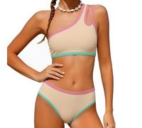 Bikini Niña Bañaador Menstrual Adolescente Chica Conjunto de Dos Piezas Asimétriico con Borde Contraste y Cintura Alta Traje De Verano Bikini de Modapara Playa y Piscina (A-Khaki, 15-16 Years)