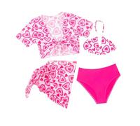 Bikini Niña, Bikinis para Niñas, Traje de Baño Ropa Conjunto Bañador Rosa Sets 4 Piezas Sujetador Triángulo Halter y Braga Bañadors, Cárdigan y Bufanda de Cadera Ties up con Estampado de Amor