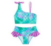 Bikini Niña, Bikinis Traje de Baño de Dos Piezas con Estampado de Escamas de Pez para Niñas, Ropa Bañador Sets Conjunto Top de un Solo Hombro Y Braga, Tirantes Ajustable, Playa, Volante y Lazo