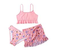 Bikini Niña Traje de Baño 3 Piezas Bikinis Niñas Conjunto Bañador Sujetador con Tirantes Ajustables, Braga y Falda Mini con Volante, Rosa Ropa de Playa Vacaciones Estampado Mariposa, Piscina