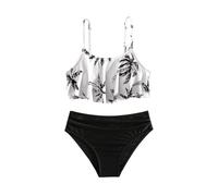 Bikini Niña Traje de Baño de 2 Piezas Adolescente Bikinis Conjunto Niñas Top Volante Y Braga Fruncido Ropa Bañador Sets para Adolescente Niña con Tropical Impresión Elegante (Black-B, 9-10 Years)