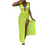 Bikini para mujer, cintura con nudos, ropa interior sin ropa interior, cuello en V, horquilla dividida, envoltura de playa, bikini, cubierta para mujer, vestido de playa corto, amarillo, S