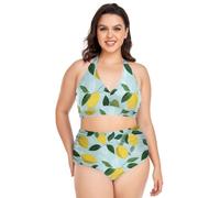 Bikini para mujer de talla grande, ajustable, Styleemon Aqua Mármol, traje de baño halter de cintura alta, 2 piezas, Estilo de mármol aguamarina limón, XXXL