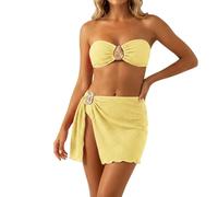 Bikini para mujer, de tres piezas, para vacaciones, playa, termo, bandeau, sin tirantes, hebilla de metal, falda de diseño, parte superior con falda envolvente, parte inferior de bikini, moldeador de