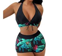 Bikini para Mujer Traje de Baño con Cintura Alta Pantalones Cortos Bañador de Dos Piezas Push Up Halter Sujetador Deportivo Tankini de Cuello en V Acanalado Conjunto de Bikini