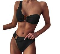 Bikini Parte de Arriba Bikinis Mujer Braga Alta Nuevo Traje de Baño Separado Europeo Y Americano Sexy Un Hombro Bikini Color Sólido Traje Baño Bikinis Mujer 2026 Cintura Alta (Black M)