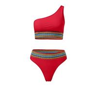 Bikini Pecho Grande Bikinis Mujer Sin Tirantes 2026 Nuevo Traje de Baño Dividido para Mujer Bikini Estampado Empalme Color Contraste Un Hombro Traje de Bañador Vientre Plano Bikinis Sin (Red M)