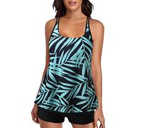 Bikini Push Up Mujer,Tallas Grandes Estampado Tropical Cian Correa Ancha Top Trajes De BañO De Dos Piezas Control De Barriga Torso Largo Camisetas Sin Mangas con Pantalones Cortos