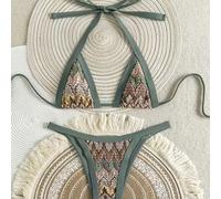 Bikini sin con triangular de jacquard vintage, traje de baño de 2 piezas tipo holgado con alrededor del cuello color verde haba, estilo francés para vacaciones