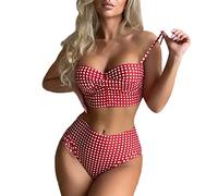 Bikini Sin Relleno Bañador Mujer Palabra de Honor Traje de Baño Piezas con Estampado A Cuadros Y Tirantes Bikini Sexy para Mujer Bañador Palabra Honor Braga Alta (Hot Pink L)