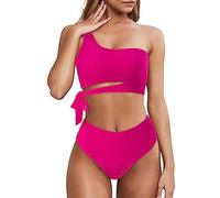 Bikini Sin Relleno Bikinis Tallas Grandes Mujer Traje de Baño Dividido de Bikini con Tirantes Un Solo Hombro A La para Mujer Secado Rapido Braga Alta Reductora (Hot Pink L)
