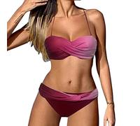 Bikini Sin Tirantes Mujer Bikini Mujer Braga Alta Retro Pieza Retro Piezas Mujeres Ruched Gradiente Cintura Vintage Tow Wrap Swimsit Bikinis 2025 Bikinis 2025 (Red L)