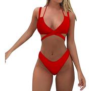 Bikini Sin Tirantes Mujer Braga Alta Tanga Conjunto de Traje de baño Dividido con Estampado Bikini Sexy para Mujer Traje baño Cintura Alta Ropa Playa Sujetador Talla (Red, L)