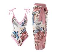 Bikini Sin Tirantes Mujer Partes De Arriba Verano Playa Junto al mar Conservador Sombreado del Vientre Sin Espalda Sexy Tamaño Grande Impresión Retro Bustier Traje De BañO Mujer 2 Piezas (Pink, S)