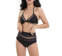Bikini Superior Negro Conjunto De Bikini De Dos Piezas para Mujer con Diseño Y Detalles Borlas En Tiro Bañador Turbo Mujer Bikinipantalones Bañador Reductor (Black, M)
