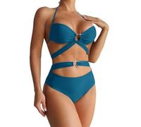 Bikini Talla Grande Bañador Brasileño Mujer Traje de Baño Dividido de Color Sólido para Mujer con Correas Y Accesorios Puño Metal para Colgar En Bikini Talle Deportivo (Navy L)