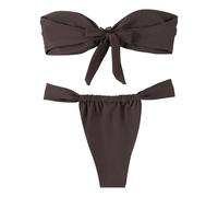 Bikinis Cintura Alta Braga de Bikini Mujer Conjunto de Bikini Color Liso con Accesorio Metal Colgante Y Cuello Sin Tirantes Dividido Braga Alta Reductora Bañador (Brown M)