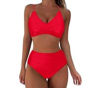 Bikinis Mujer 2025 Reductor Biquinis Mujer 2025 Traje De Baño Retro Envolvente De Cintura Alta para Traje Baño con Estampado Pieza Conjunto Braga Bañador Bikinis (Red L)