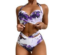 Bikinis Mujer 2025 Rojo Bañador Palabra De Honor Traje De Baño Tops Pantalones Estampado Bikini Traje Baño Cultivos Retro Piezas Fruncidas Up Bikini Reductor Pecho Mujer Bikinis (Purple L)
