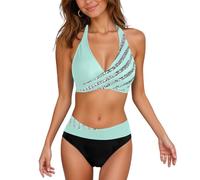 Bikinis Mujer 2026 Cuello En V Estampado - Bañadores Mujer Bikini Slim Fit Glamour, Traje De Baño De Dos Piezas Único Elegante Swimsuits for Women Surf Playa Verano Verde Claro XL