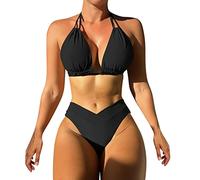 Bikinis Mujer 2026 Reductor Bañador Mujer 2026 Conjunto de Bikini para Traje de Baño Traje Baño Cintura Media Cuello En V Profundo Correas Bañador Piezas Bikini Tallas (Black L)