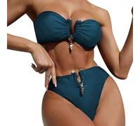 Bikinis Mujer 2026 Reductor Bikini Parte de Abajo Conjunto de Bikini con Anillo Metal Sexy para Mujer Traje Baño con Cuello En V Y Muesca Secado Rapido Bañadores Y Bikinis (E M)